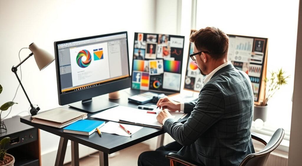 A modern freelance graphic designer's workspace, centered around a stylish desk with a computer displaying an open design software and colorful project drafts scattered around. The foreground features a focused designer in professional business attire, contemplating creative proposals, with notes and sketches prominently visible. In the middle, there are various design tools like sketchbooks, colored pens, and a mood board filled with vibrant color palettes and typography samples. The background includes a bright window allowing natural light to illuminate the space, creating a warm and inviting atmosphere. Soft, diffused lighting enhances the creativity and professionalism of the scene, capturing the essence of tailored proposals for freelance design success. A modern freelance graphic designer's workspace, centered around a stylish desk with a computer displaying an open design software and colorful project drafts scattered around. The foreground features a focused designer in professional business attire, contemplating creative proposals, with notes and sketches prominently visible. In the middle, there are various design tools like sketchbooks, colored pens, and a mood board filled with vibrant color palettes and typography samples. The background includes a bright window allowing natural light to illuminate the space, creating a warm and inviting atmosphere. Soft, diffused lighting enhances the creativity and professionalism of the scene, capturing the essence of tailored proposals for freelance design success.
