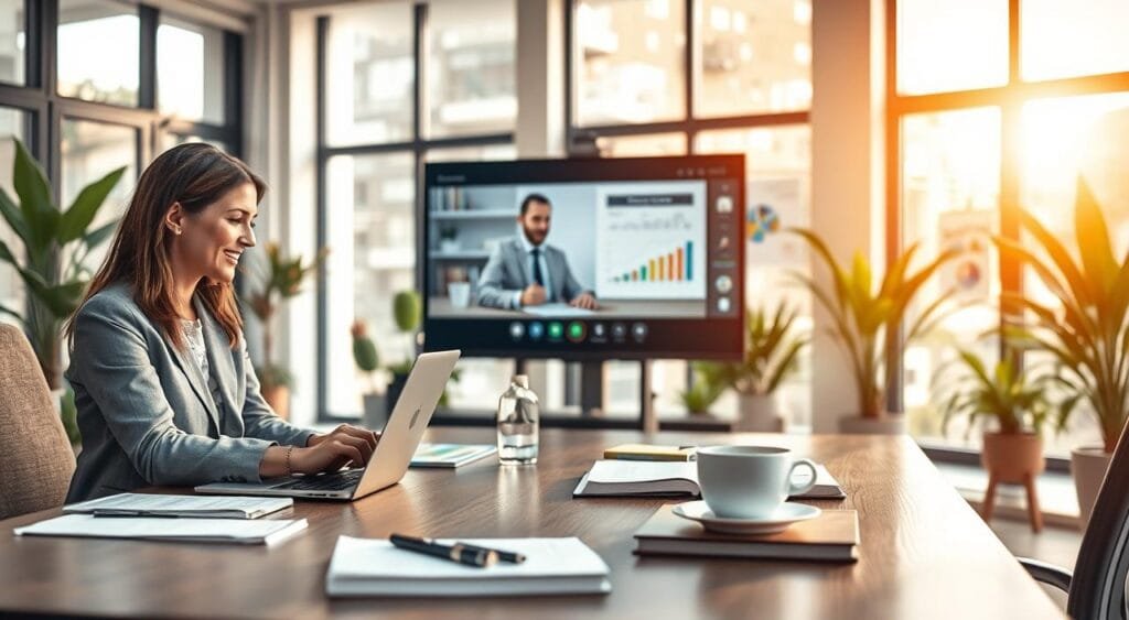 A modern freelance market research workspace featuring a diverse group of three professionals engaging in a remote video call on a large screen. In the foreground, a well-dressed woman in business casual attire is taking notes on her laptop, while a man on another screen is presenting analysis charts. The middle ground showcases a stylish desk setup with market research books, a notepad, and a steaming cup of coffee, conveying productivity. The background reveals large windows allowing natural sunlight to flood the room, illuminating the vibrant indoor plants and colorful charts pinned on the walls. The atmosphere feels collaborative and focused, with an air of professionalism and ambition, captured with a slight depth of field, using warm lighting to enhance the inviting environment.