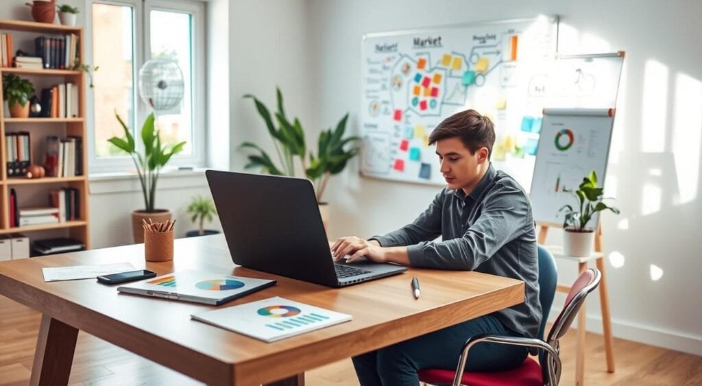 A modern freelance market researcher sitting at a sleek, wooden desk in a bright, airy home office. In the foreground, the researcher, a young professional in smart casual attire, is focused on a laptop, surrounded by colorful charts and graphs on a tablet and notepad. In the middle ground, a large whiteboard filled with market insights, sticky notes, and brainstorming ideas adds depth. The background features a window with natural light streaming in, illuminating indoor plants and bookshelves filled with industry-related books. The atmosphere is productive and inspiring, capturing the essence of efficient project management in freelance market research. The image should be vivid and engaging, with soft, balanced lighting, and shot from a slightly elevated angle to showcase the workspace environment.