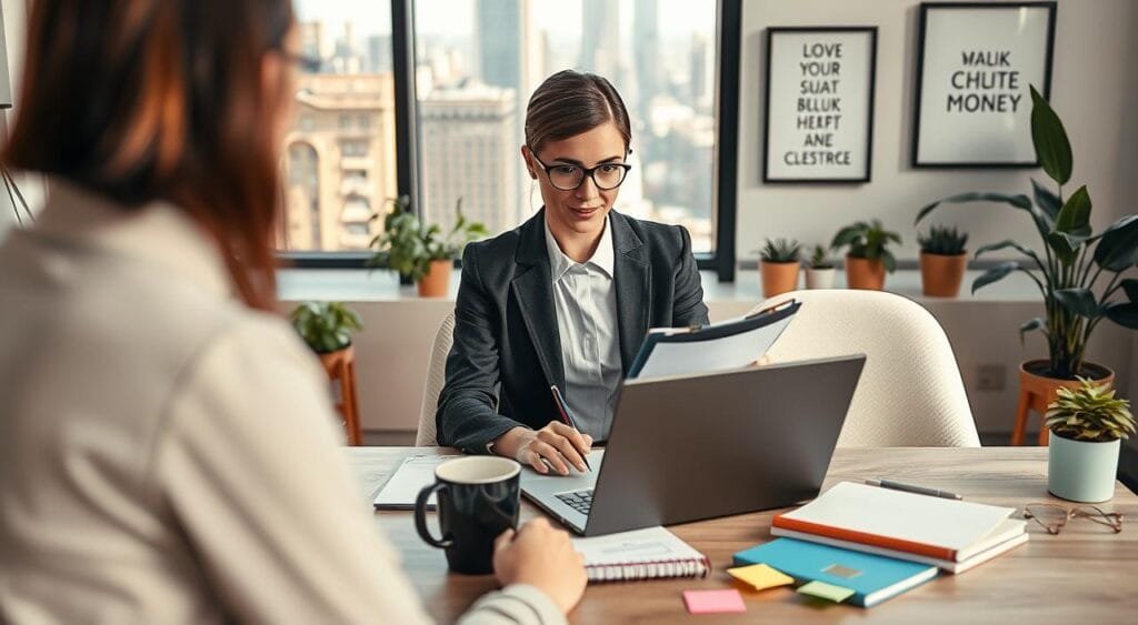 A modern freelance project coordinator's workspace, with a focus on managing client relationships. In the foreground, a professional woman in smart business attire is engaged in a video call on her laptop, showing her attentive expression and note-taking with a clipboard. The middle section features a stylish desk scattered with colorful project planning materials, such as sticky notes, a planner, and a coffee mug. In the background, a large window reveals a bustling cityscape under soft natural light, creating a warm and inviting atmosphere. The scene conveys productivity and professionalism, with a cozy ambiance accentuated by plants and framed motivational quotes on the wall. The image should emphasize a sense of collaboration and communication, capturing the essence of freelance project coordination.