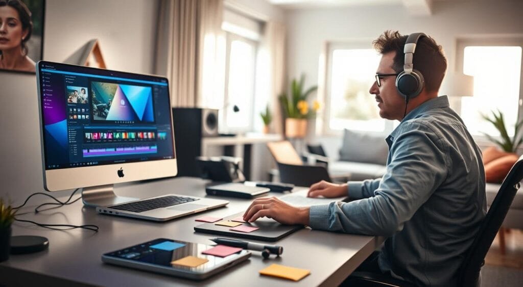 A modern freelance video editing workspace, featuring a sleek desk with a high-end laptop open to a vibrant video editing software interface. In the foreground, a professional individual, wearing smart casual attire, is focused on editing, with headphones on and a look of concentration. In the middle ground, various video editing tools are neatly organized, including an external hard drive, a graphics tablet, and colorful sticky notes with planning sketches. The background shows a bright, well-lit room with natural light streaming in from a nearby window, enhancing the creative atmosphere. The overall mood is productive and inspiring, emphasizing the freelance lifestyle. Soft, ambient lighting casts a warm glow, making the scene inviting and professional. A modern freelance video editing workspace, featuring a sleek desk with a high-end laptop open to a vibrant video editing software interface. In the foreground, a professional individual, wearing smart casual attire, is focused on editing, with headphones on and a look of concentration. In the middle ground, various video editing tools are neatly organized, including an external hard drive, a graphics tablet, and colorful sticky notes with planning sketches. The background shows a bright, well-lit room with natural light streaming in from a nearby window, enhancing the creative atmosphere. The overall mood is productive and inspiring, emphasizing the freelance lifestyle. Soft, ambient lighting casts a warm glow, making the scene inviting and professional.