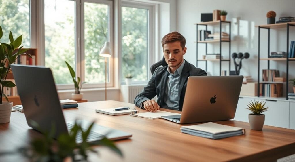 A modern home office environment filled with natural light. In the foreground, a tidy desk with a sleek laptop, notebooks, and a small potted plant. A focused individual in smart casual attire is seated at the desk, engaged in work. The middle section features a comfortable ergonomic chair and shelves lined with books and decorative items that reflect productivity and creativity. In the background, large windows reveal a serene outdoor view with greenery, enhancing the peaceful atmosphere. Soft, warm lighting sets a cozy tone, suggesting a harmonious balance between work and relaxation. The overall mood is inspiring and conducive to productivity, perfect for anyone navigating remote work challenges.