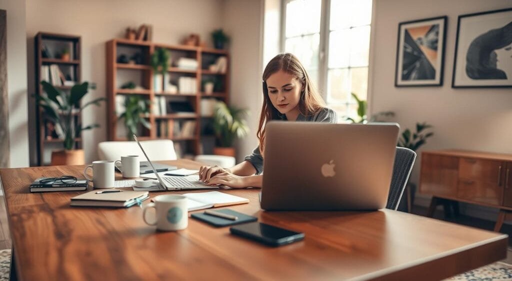 A modern home office scene featuring a focused freelance writer and content creator. In the foreground, a young professional woman sits at a sleek wooden desk, typing intently on her laptop. She wears smart casual attire—an elegant blouse and tailored pants. Scattered around her are notebooks, a coffee mug, and a smartphone, suggesting creativity and productivity. In the middle ground, a large window allows soft, natural light to fill the room, illuminating plants and bookshelves filled with various resources. The background includes calming, neutral-colored walls and art that inspires creativity. The atmosphere is warm and inviting, conveying a sense of motivation and professionalism, with a slight bokeh effect focusing on the writer. A modern home office scene featuring a focused freelance writer and content creator. In the foreground, a young professional woman sits at a sleek wooden desk, typing intently on her laptop. She wears smart casual attire—an elegant blouse and tailored pants. Scattered around her are notebooks, a coffee mug, and a smartphone, suggesting creativity and productivity. In the middle ground, a large window allows soft, natural light to fill the room, illuminating plants and bookshelves filled with various resources. The background includes calming, neutral-colored walls and art that inspires creativity. The atmosphere is warm and inviting, conveying a sense of motivation and professionalism, with a slight bokeh effect focusing on the writer.