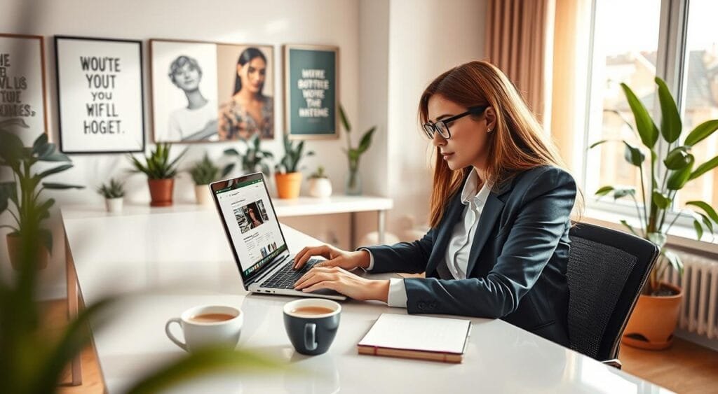 A modern home office scene showcasing a freelancer at work. In the foreground, a focused woman wearing professional business attire sits at a sleek desk, using a laptop with a bright screen displaying a profile-editing page. She has a notepad and a cup of coffee nearby. The middle ground features motivational artwork on the walls, and potted plants providing a cozy touch. In the background, a window allows soft, warm daylight to stream in, highlighting the comfortable atmosphere. The image captures an inviting and productive workspace, emphasizing clarity and professionalism. Use a slightly elevated angle to give depth, ensuring a bright and cheerful mood that inspires creativity and focus. A modern home office scene showcasing a freelancer at work. In the foreground, a focused woman wearing professional business attire sits at a sleek desk, using a laptop with a bright screen displaying a profile-editing page. She has a notepad and a cup of coffee nearby. The middle ground features motivational artwork on the walls, and potted plants providing a cozy touch. In the background, a window allows soft, warm daylight to stream in, highlighting the comfortable atmosphere. The image captures an inviting and productive workspace, emphasizing clarity and professionalism. Use a slightly elevated angle to give depth, ensuring a bright and cheerful mood that inspires creativity and focus.