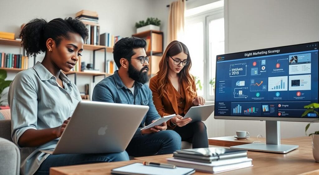 A modern home office setting featuring a diverse group of three freelancers engaged in digital advertising work. In the foreground, a Black woman in professional attire analyzes analytics on her laptop, while a Hispanic man beside her sketches ideas on a notepad. In the middle ground, a Caucasian woman is collaborating on a digital marketing strategy displayed on a large monitor. The background shows shelves filled with trendy books and digital tools, symbolizing innovation. Natural light streams through a window, creating a bright and inspiring atmosphere. The scene captures a sense of collaboration, creativity, and professionalism, emphasizing the importance of staying updated with industry tools and technologies. A modern home office setting featuring a diverse group of three freelancers engaged in digital advertising work. In the foreground, a Black woman in professional attire analyzes analytics on her laptop, while a Hispanic man beside her sketches ideas on a notepad. In the middle ground, a Caucasian woman is collaborating on a digital marketing strategy displayed on a large monitor. The background shows shelves filled with trendy books and digital tools, symbolizing innovation. Natural light streams through a window, creating a bright and inspiring atmosphere. The scene captures a sense of collaboration, creativity, and professionalism, emphasizing the importance of staying updated with industry tools and technologies.