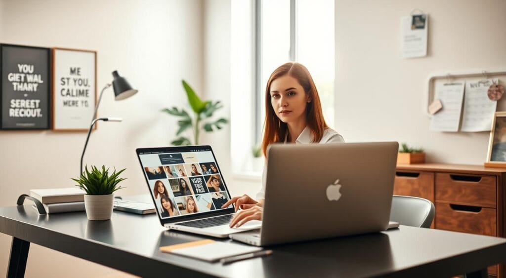 A modern home office setting featuring a focused virtual assistant, a woman in professional yet casual attire, working at a stylish desk. In the foreground, her laptop is open, displaying a well-designed digital portfolio with various project thumbnails. The middle ground includes a potted plant and organized stationery, reflecting a neat workspace. In the background, a large window allows soft natural light to flood the room, illuminating the space and creating a warm atmosphere. The walls are adorned with subtle motivational artwork and a calendar, emphasizing productivity. The overall mood is professional, inviting, and focused on creativity and success in a work-from-home environment, captured from a slightly elevated angle to provide depth.
