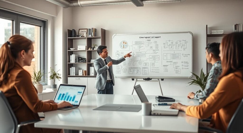 A modern office environment featuring a diverse group of professionals engaged in a technical support meeting. In the foreground, a woman in smart casual attire is sitting at a sleek desk with a laptop, displaying charts and data related to client engagement strategies. In the middle ground, a man in business attire is actively discussing with a colleague gesturing towards a whiteboard filled with diagrams illustrating workflow and best practices. The background shows shelves with tech gadgets and books on customer service. Soft, natural lighting filters through large windows, creating an inviting atmosphere, while the scene captures a collaborative and focused mood, perfect for freelance technical support discussions. A modern office environment featuring a diverse group of professionals engaged in a technical support meeting. In the foreground, a woman in smart casual attire is sitting at a sleek desk with a laptop, displaying charts and data related to client engagement strategies. In the middle ground, a man in business attire is actively discussing with a colleague gesturing towards a whiteboard filled with diagrams illustrating workflow and best practices. The background shows shelves with tech gadgets and books on customer service. Soft, natural lighting filters through large windows, creating an inviting atmosphere, while the scene captures a collaborative and focused mood, perfect for freelance technical support discussions.