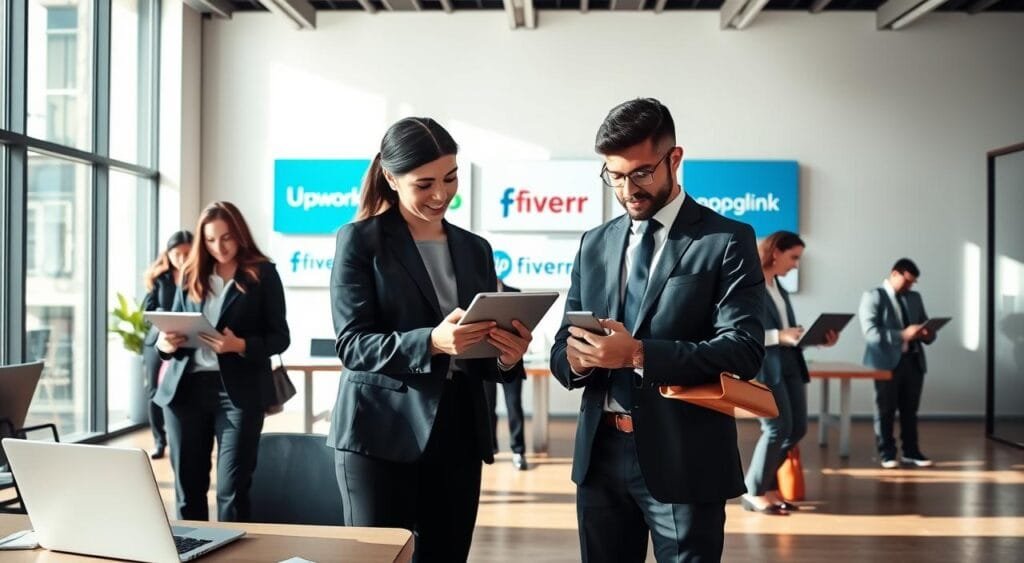 A modern office scene featuring a diverse group of professionals collaborating on laptops and digital devices, all dressed in smart business attire. In the foreground, a focused woman is reviewing a proposal on her tablet, while a man beside her discusses strategies with a notepad in hand. The middle ground showcases a large wall with visual displays of top freelance websites’ logos like Upwork and Fiverr, highlighted for emphasis. A large window in the background allows natural light to flood the space, creating a bright and energetic atmosphere. Soft shadows add depth to the scene, captured with a wide-angle lens to accentuate the teamwork spirit. The overall mood is dynamic and professional, reflecting the important practices of bidding and proposals in freelancing.