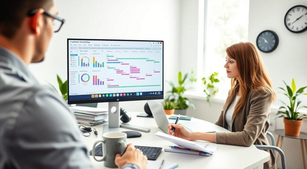 A modern office space featuring a computer screen displaying freelance scheduling software, with vibrant graphs and color-coded calendars. In the foreground, a focused freelance professional, dressed in smart casual attire, is reviewing the software, taking notes with a pen and notepad. In the middle, a clean desk cluttered with a laptop, coffee cup, and business-related materials, creating an atmosphere of productivity and organization. The background shows a bright window with natural light streaming in, plants adding a touch of greenery, and a wall clock indicating time management. The overall mood is one of concentration and empowerment, reflecting the importance of setting boundaries with clients in a freelance setting. The perspective is slightly angled to emphasize the workspace.