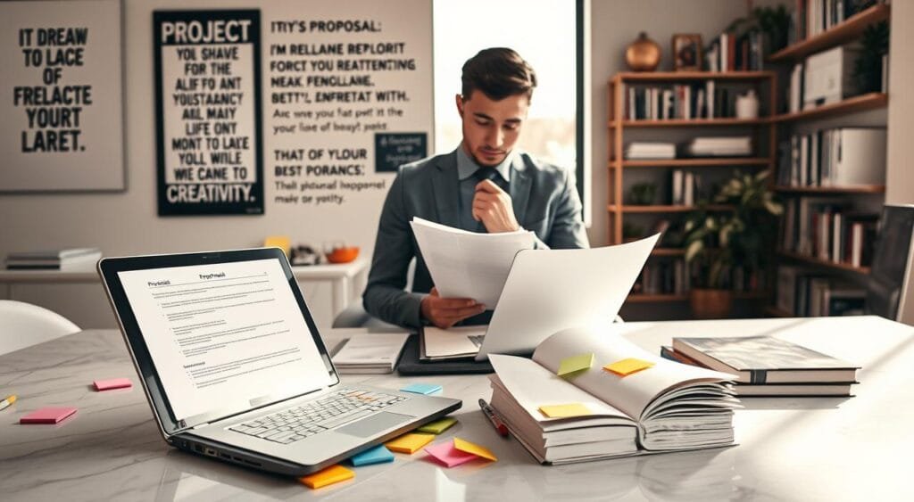 A modern, professional workspace designed for creating winning freelance project proposals. In the foreground, an elegant desk cluttered with a laptop open to a proposal template, colorful sticky notes, and a notepad filled with neatly written project objectives. In the middle, natural light streams through a large window, illuminating a focused individual in business casual attire, thoughtfully reviewing their proposal. The background features a wall of motivational quotes and shelves filled with books on project management and creativity, creating an inspiring atmosphere. The soft focus on the background adds depth, while the warm lighting exudes a sense of productivity and ambition. The overall mood is one of determination and clarity. A modern, professional workspace designed for creating winning freelance project proposals. In the foreground, an elegant desk cluttered with a laptop open to a proposal template, colorful sticky notes, and a notepad filled with neatly written project objectives. In the middle, natural light streams through a large window, illuminating a focused individual in business casual attire, thoughtfully reviewing their proposal. The background features a wall of motivational quotes and shelves filled with books on project management and creativity, creating an inspiring atmosphere. The soft focus on the background adds depth, while the warm lighting exudes a sense of productivity and ambition. The overall mood is one of determination and clarity.