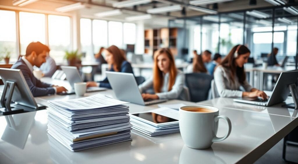 A modern, professional workspace displaying a well-organized data entry setup. In the foreground, a diverse group of three individuals—one male and two females—sitting at sleek desks with laptops open, wearing business casual attire, focused on their screens. The middle layer highlights stacks of paperwork, a digital tablet, and a cup of coffee, illustrating the tools of the trade. The background features a bright office space with large windows, allowing natural light to pour in, casting soft shadows. The atmosphere is busy yet calm, with a sense of collaboration and concentration, emphasizing the skills of accuracy, attention to detail, and time management essential for data entry jobs. The lens captures a slightly elevated angle, offering a comprehensive view of this engaging work environment.