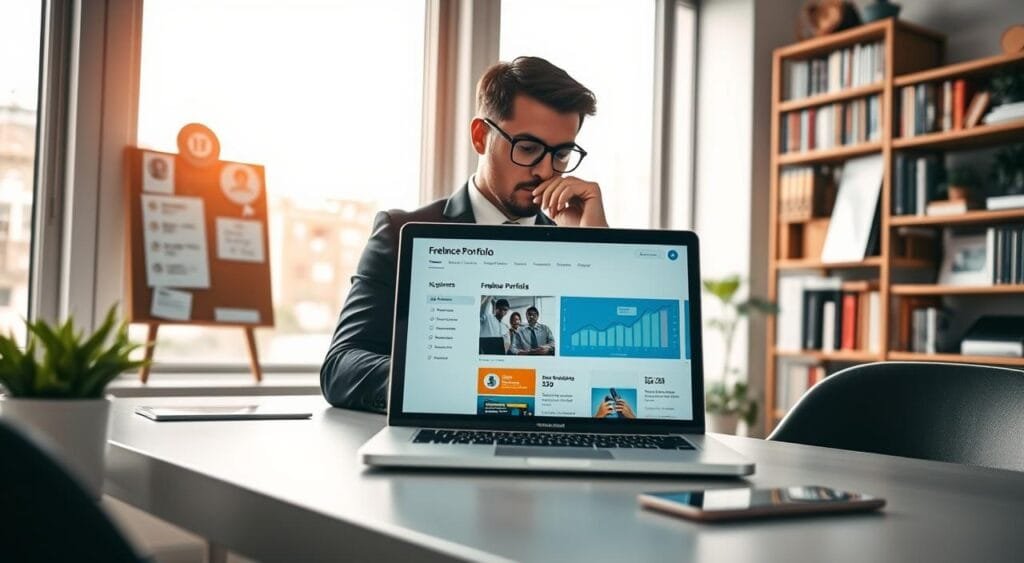 A modern, sleek workspace is depicted in the foreground, featuring a laptop open to a vibrant freelance portfolio website. A professional individual, dressed in smart business attire, is thoughtfully analyzing performance metrics on the screen. In the middle ground, a bulletin board displays notes, keywords, and a checklist for SEO optimization. The background features large windows allowing soft, natural light to flood the room, enhancing a productive atmosphere. An organized bookshelf filled with industry-related books and awards reflects success and innovation. The overall mood is inspiring and focused, suggesting a proactive approach to attracting clients through search engine optimization strategies. The image is shot with a wide-angle lens to capture the entire workspace, creating a harmonious blend of professionalism and creativity.