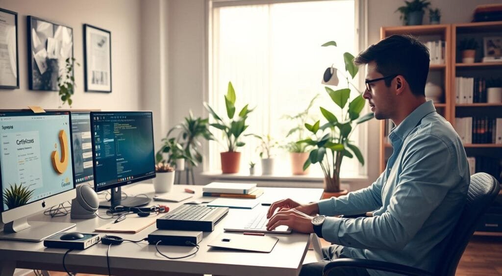 A modern, well-organized home office featuring a professional in smart casual attire, seated at a sleek desk cluttered with tech gadgets, laptop, and sticky notes. In the foreground, the individual is focused on their screen, showcasing a productive freelance work session. The middle section displays a large window with natural light streaming in, illuminating the room filled with plants and minimalistic decor, enhancing a sense of vitality. In the background, a bookshelf filled with technical books and certifications indicates knowledge and expertise. The atmosphere is inspiring and serene, evoking a sense of growth and success in a freelance technical support career. The image should have warm lighting, shot with a soft focus lens from a slightly elevated angle to convey depth and professionalism. A modern, well-organized home office featuring a professional in smart casual attire, seated at a sleek desk cluttered with tech gadgets, laptop, and sticky notes. In the foreground, the individual is focused on their screen, showcasing a productive freelance work session. The middle section displays a large window with natural light streaming in, illuminating the room filled with plants and minimalistic decor, enhancing a sense of vitality. In the background, a bookshelf filled with technical books and certifications indicates knowledge and expertise. The atmosphere is inspiring and serene, evoking a sense of growth and success in a freelance technical support career. The image should have warm lighting, shot with a soft focus lens from a slightly elevated angle to convey depth and professionalism.