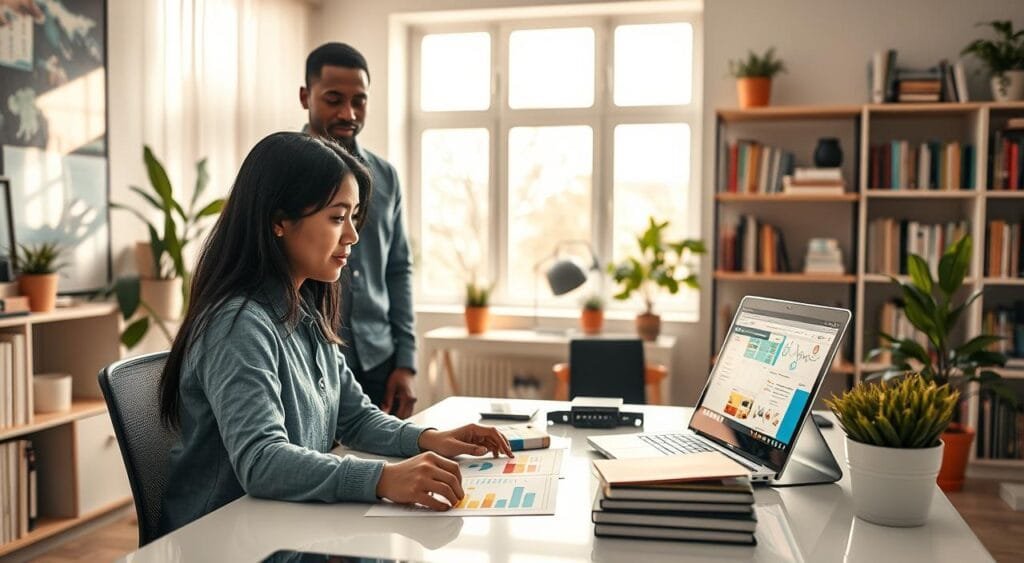 A modern, well-organized home study space featuring a diverse group of professional tutors engaged in creating effective study materials. In the foreground, a female tutor of Asian descent is seated at a sleek desk, surrounded by colorful educational charts, laptop, and study guides. Beside her, a male tutor of African descent stands, pointing at a digital tablet displaying interactive learning tools. In the middle ground, a large window allows gentle natural light to flood the room, enhancing the warm, collaborative atmosphere. The background reveals bookshelves filled with educational resources and plants, adding a touch of creativity and life. The overall mood is focused yet inspiring, conveying the endless opportunities of online tutoring. Use a bright, soft color palette for a welcoming feel.