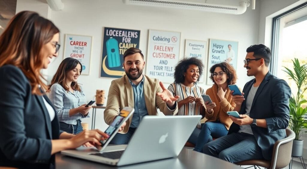 A modern workspace featuring a diverse group of young professionals engaged in a lively discussion about freelance customer service jobs. In the foreground, a woman wearing a smart business outfit types on a laptop, surrounded by smartphones displaying social media platforms. In the middle, a man gestures enthusiastically, sharing tips on leveraging platforms like LinkedIn and Twitter for job hunting. The background shows a bright, airy office space with motivational posters related to career growth and customer service. Soft, natural lighting filters through large windows, creating an inviting atmosphere. The lens captures the scene at a dynamic angle, emphasizing collaboration and innovation in the freelance job market. The overall mood is energetic and positive, reflecting a proactive approach to career development in 2024.
