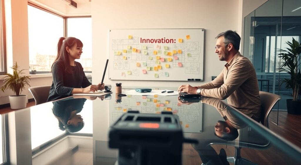 A modern workspace filled with diverse professionals collaborating on product innovation. In the foreground, a diverse group of three individuals—an Asian woman, a Black man, and a Caucasian man—are gathered around a sleek, glass table, deep in discussion, with sketches and prototypes spread out before them. The middle ground features a large whiteboard filled with colorful post-it notes and diagrams, symbolizing brainstorming and creative collaboration. In the background, large windows let in soft natural light, illuminating the environment and creating a bright, inviting atmosphere. Use a wide-angle lens to capture the collaborative spirit and optimism of the team, with a warm color palette to enhance the mood of innovation and productivity in this professional setting.