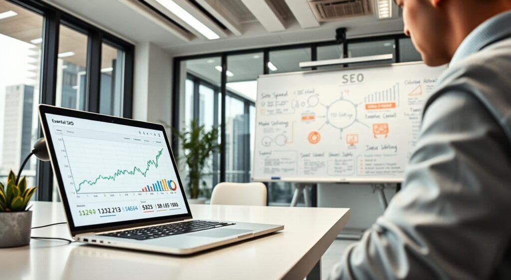 A modern workspace illustrating technical SEO essentials, featuring a sleek desk with a laptop displaying algorithms and data analytics on the screen. In the foreground, a person in smart casual attire is examining a digital graph, highlighting essential SEO metrics. The middle ground presents a large whiteboard filled with technical diagrams and SEO strategies, emphasizing key concepts like site speed, mobile optimization, and indexing. In the background, a well-lit office environment with large windows showing a city skyline, adding a professional touch. The lighting is bright and focused, creating an inspirational atmosphere. Use a slight overhead angle to give depth to the scene, making the viewer feel involved in the process of mastering freelance SEO optimization techniques.