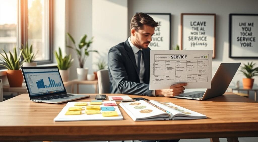 A modern workspace setup featuring a professional social media manager engaged in creating a service package. In the foreground, a focused individual, dressed in smart business attire, is sitting at a sleek wooden desk, surrounded by digital devices like a laptop and a tablet displaying social media analytics. The middle ground includes colorful sticky notes and a well-organized planner highlighting various service offerings. In the background, a large window allows soft, natural light to filter in, illuminating potted plants and framed motivational quotes on the walls. The atmosphere is vibrant and productive, evoking a sense of creativity and professionalism, ideal for illustrating freelance social media management services.