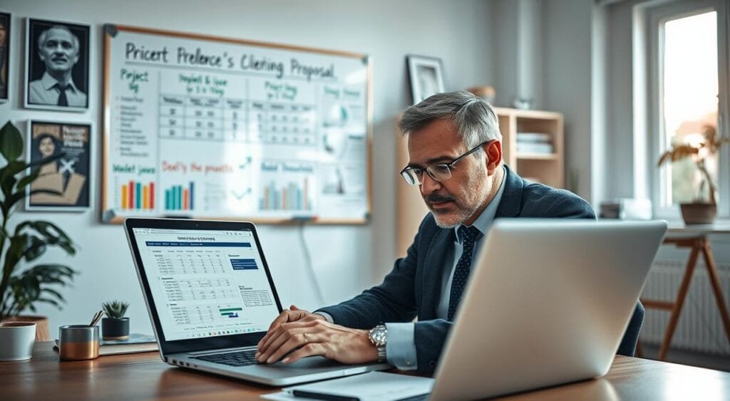 A professional and inviting workspace centered around the theme of pricing freelance projects. In the foreground, a well-dressed freelancer, a middle-aged man, is intently focused on a laptop, with spreadsheets open displaying pricing structures and calculations. The middle ground features a whiteboard filled with colorful charts and graphics illustrating project values and client proposals. The background shows a well-lit home office with motivational posters, a bookshelf filled with business books, and a large window allowing natural light to flow in. The atmosphere is one of productivity and clarity, suggesting focus and meticulous planning. Soft, warm lighting enhances the inviting feel, captured with a slight depth of field to emphasize the foreground subject and create a professional ambiance. A professional and inviting workspace centered around the theme of pricing freelance projects. In the foreground, a well-dressed freelancer, a middle-aged man, is intently focused on a laptop, with spreadsheets open displaying pricing structures and calculations. The middle ground features a whiteboard filled with colorful charts and graphics illustrating project values and client proposals. The background shows a well-lit home office with motivational posters, a bookshelf filled with business books, and a large window allowing natural light to flow in. The atmosphere is one of productivity and clarity, suggesting focus and meticulous planning. Soft, warm lighting enhances the inviting feel, captured with a slight depth of field to emphasize the foreground subject and create a professional ambiance.