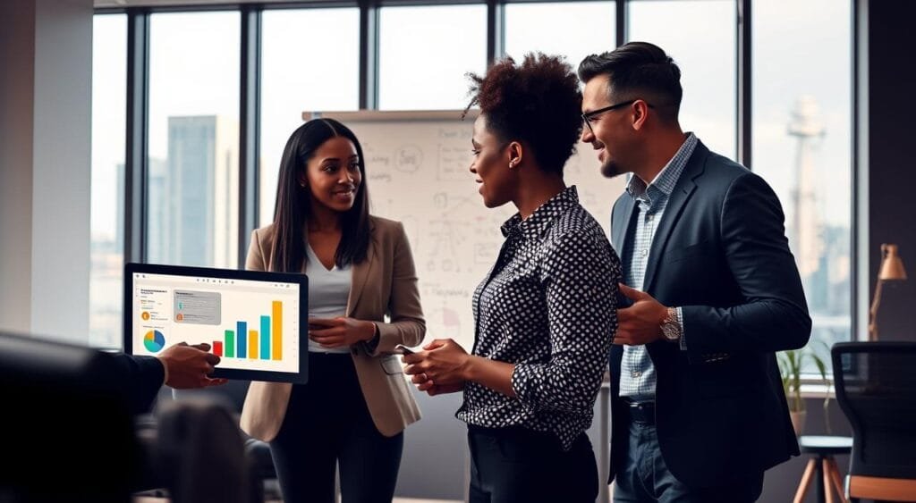 A professional digital advertising scene set in a modern, bright office space. In the foreground, a diverse group of three individuals, dressed in business casual attire, are engaged in a lively discussion. One person is gesturing towards a laptop displaying analytics, while another is taking notes. In the middle ground, a large whiteboard filled with colorful marketing strategies and brainstorming ideas can be seen. The background features large windows with natural light pouring in, showcasing a city skyline. The atmosphere is collaborative and energetic, with a sense of innovation and teamwork. The lighting is warm and inviting, with a focus on clarity and professionalism, capturing the essence of building client relationships in digital advertising. A professional digital advertising scene set in a modern, bright office space. In the foreground, a diverse group of three individuals, dressed in business casual attire, are engaged in a lively discussion. One person is gesturing towards a laptop displaying analytics, while another is taking notes. In the middle ground, a large whiteboard filled with colorful marketing strategies and brainstorming ideas can be seen. The background features large windows with natural light pouring in, showcasing a city skyline. The atmosphere is collaborative and energetic, with a sense of innovation and teamwork. The lighting is warm and inviting, with a focus on clarity and professionalism, capturing the essence of building client relationships in digital advertising.