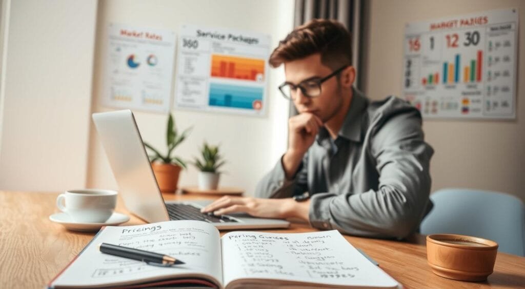 A professional freelancer sitting at a desk in a well-lit home office, deeply focused on a laptop while thoughtfully pricing their services. In the foreground, a notebook and pen lie open, displaying handwritten pricing strategies and notes. The freelancer, a young adult wearing smart casual attire, exudes determination and creativity. In the middle ground, a potted plant and a cup of coffee add a warm touch, while colorful charts and graphs are pinned on the wall behind, illustrating market rates and service packages. The background features soft, natural lighting coming through a window, contributing to an inspiring and productive atmosphere, emphasizing the importance of valuing one’s work as a freelancer.