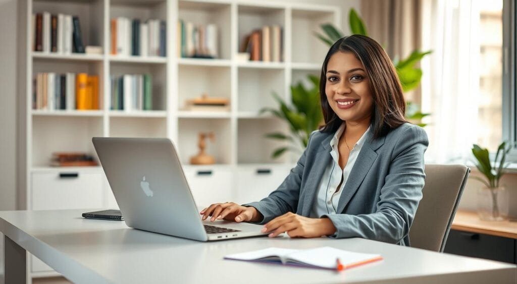 A professional freelancer sitting at a modern desk in a stylish home office, engaged in a video call with a client. In the foreground, the freelancer, a South Asian woman in business casual attire, is focused and smiling attentively. The middle ground features a sleek laptop open with a digital project displayed and a notepad with brainstorming ideas. The background showcases a well-organized bookshelf filled with business books, a green plant for a touch of nature, and soft ambient lighting that creates a warm, inviting atmosphere. The angle is slightly angled to capture the workspace’s depth, emphasizing the importance of client communication strategies in the freelance world. A professional freelancer sitting at a modern desk in a stylish home office, engaged in a video call with a client. In the foreground, the freelancer, a South Asian woman in business casual attire, is focused and smiling attentively. The middle ground features a sleek laptop open with a digital project displayed and a notepad with brainstorming ideas. The background showcases a well-organized bookshelf filled with business books, a green plant for a touch of nature, and soft ambient lighting that creates a warm, inviting atmosphere. The angle is slightly angled to capture the workspace’s depth, emphasizing the importance of client communication strategies in the freelance world.