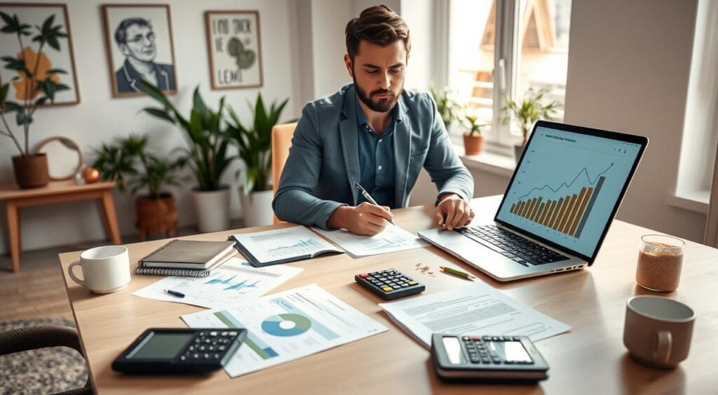 A professional freelancer working at a modern desk in a bright, airy home office, surrounded by financial documents, a laptop displaying graphs of earnings growth, and a calculator. In the foreground, a focused individual in casual business attire, holding a pen and jotting down notes. The middle features an organized workspace with stationery, a financial planner, and a coffee mug. The background shows a window with natural light flooding in, illuminating plants and inspiring artwork on the walls. The atmosphere is one of motivation and productivity, suggesting success and confidence in managing finances. Soft, warm lighting enhances the inviting and professional feel, captured from a slightly elevated angle to highlight the desk's organization and the freelancer's concentration.