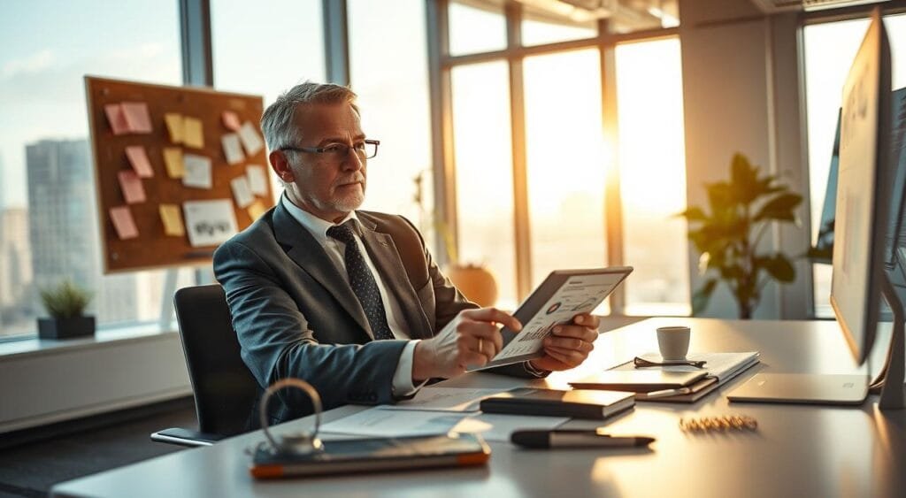 A professional product development consultant is sitting at a sleek, modern desk in a well-lit office environment, surrounded by various prototyping tools and sketches. The foreground features the consultant, a middle-aged person in a smart, tailored suit, analyzing financial charts on a tablet, looking focused and thoughtful. In the middle ground, there are post-it notes and concept designs pinned to a corkboard, hinting at ongoing projects. The background showcases a large window with natural light flooding the room, offering a view of a cityscape. The lighting is bright and warm, creating an inspiring atmosphere. The mood conveys professionalism, creativity, and a proactive approach to budgeting for product development. The angle is slightly tilted, capturing both the consultant's concentration and the vibrant workspace.