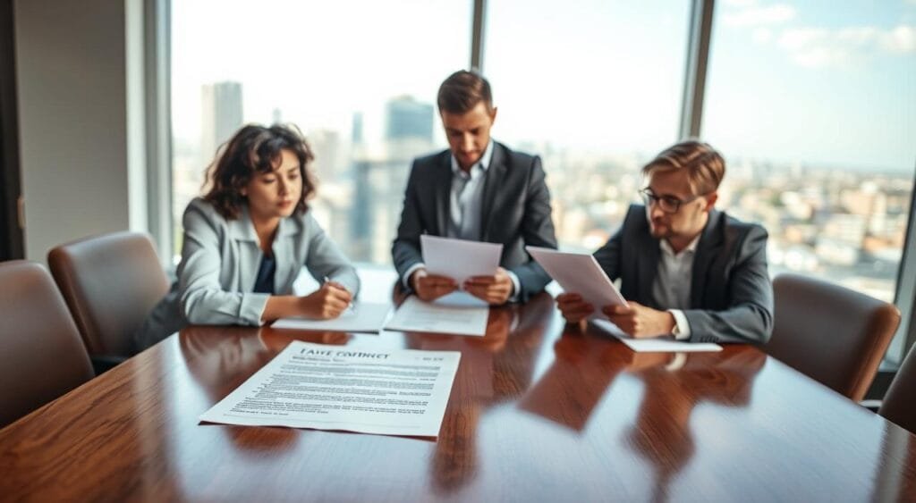 A professional setting depicting a freelance contract negotiation scene. In the foreground, a diverse group of three individuals, two men and one woman, are seated at a polished wooden conference table, reviewing documents. They are dressed in professional business attire, emphasizing a serious tone. In the middle, a contract lies open with highlighted payment terms clearly visible. The background features a large window letting in natural light that enhances the atmosphere, with cityscape views suggesting an urban environment. Soft shadows cast by the overhead lights create depth, while the overall mood is focused and collaborative, capturing the importance of clarity and professionalism in freelance agreements. A professional setting depicting a freelance contract negotiation scene. In the foreground, a diverse group of three individuals, two men and one woman, are seated at a polished wooden conference table, reviewing documents. They are dressed in professional business attire, emphasizing a serious tone. In the middle, a contract lies open with highlighted payment terms clearly visible. The background features a large window letting in natural light that enhances the atmosphere, with cityscape views suggesting an urban environment. Soft shadows cast by the overhead lights create depth, while the overall mood is focused and collaborative, capturing the importance of clarity and professionalism in freelance agreements.