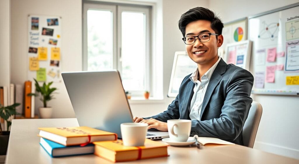 A professional tutor sitting at a modern desk in a well-lit home office, showcasing a laptop open with educational materials visible on the screen. The tutor, a young adult of Asian descent, is dressed in smart casual attire, exuding confidence and approachability. In the foreground, a few books on teaching strategies and a steaming cup of coffee are placed neatly on the desk, adding to the academic atmosphere. In the middle, a large window allows natural light to flood the room, enhancing the warm, inviting feel. The background features colorful posters of learning concepts and a whiteboard filled with notes and diagrams. The overall mood is motivational and professional, suitable for someone marketing themselves effectively as a tutor.