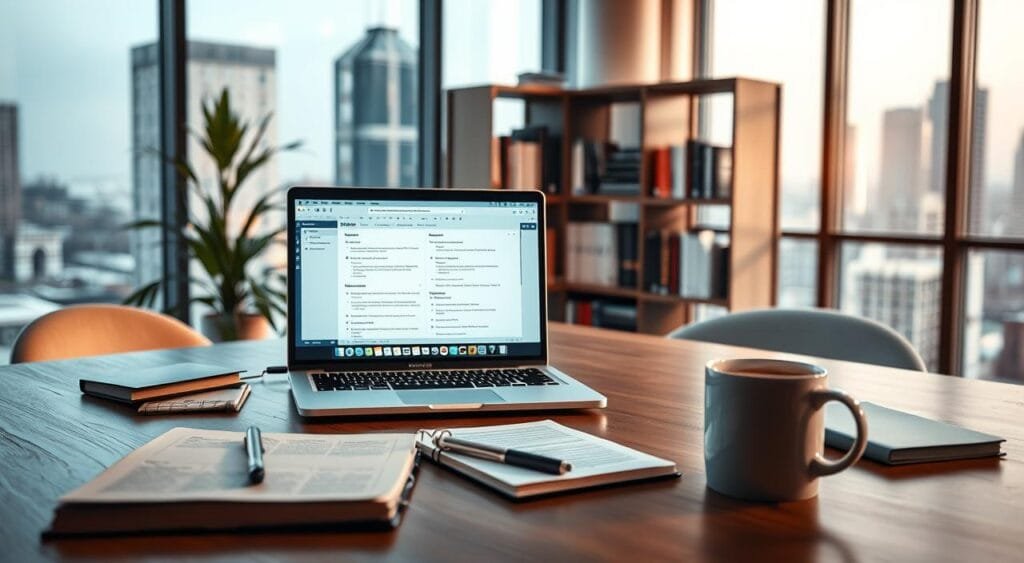 A professional workspace for freelance translators, featuring a modern desk with a laptop displaying translation software. In the foreground, there’s a notepad filled with notes and a cup of coffee. The middle ground shows a bookshelf filled with language dictionaries and reference guides. In the background, a large window lets in natural light, illuminating the room with a warm glow and providing a view of a cityscape. The atmosphere is focused and inspiring, reflecting productivity and creativity. The lighting is soft and balanced, creating an inviting environment. The scene is devoid of people, emphasizing the tools and resources available for language services opportunities.
