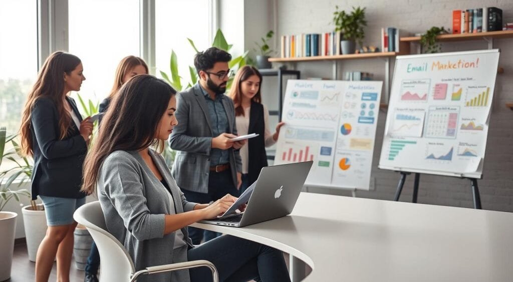 A professional workspace where a diverse group of freelancers collaborates on developing an email marketing strategy. In the foreground, a female freelancer seated at a sleek desk, dressed in smart casual attire, studies data on her laptop while taking notes on a notepad. In the middle, a male freelancer with glasses discusses ideas with a woman beside a whiteboard filled with colorful charts and marketing concepts. The background features large windows with natural light flooding the room, plants adding greenery, and shelves filled with marketing books. The atmosphere is focused and energetic, conveying teamwork and creativity, shot from a slightly elevated angle to capture the dynamic environment. A professional workspace where a diverse group of freelancers collaborates on developing an email marketing strategy. In the foreground, a female freelancer seated at a sleek desk, dressed in smart casual attire, studies data on her laptop while taking notes on a notepad. In the middle, a male freelancer with glasses discusses ideas with a woman beside a whiteboard filled with colorful charts and marketing concepts. The background features large windows with natural light flooding the room, plants adding greenery, and shelves filled with marketing books. The atmosphere is focused and energetic, conveying teamwork and creativity, shot from a slightly elevated angle to capture the dynamic environment.