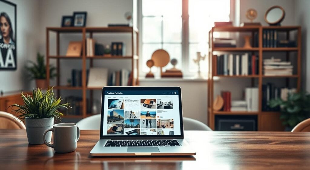 A sleek, modern workspace featuring a professional freelance portfolio displayed on a polished wooden desk. In the foreground, a well-organized laptop screen showcases a vibrant, updated online portfolio filled with high-quality images and project descriptions. To the left, a small potted plant adds a touch of greenery, while a stylish coffee mug sits next to the laptop. In the middle ground, a vintage bookshelf filled with design books and awards highlights the freelancer's accomplishments. The background features a large window with natural light pouring in, creating a warm and inviting atmosphere. The image is captured in soft focus, with a gentle bokeh effect, enhancing the professional yet creative mood of the space. The overall composition emphasizes a sense of ongoing growth and improvement in the freelancer's career.