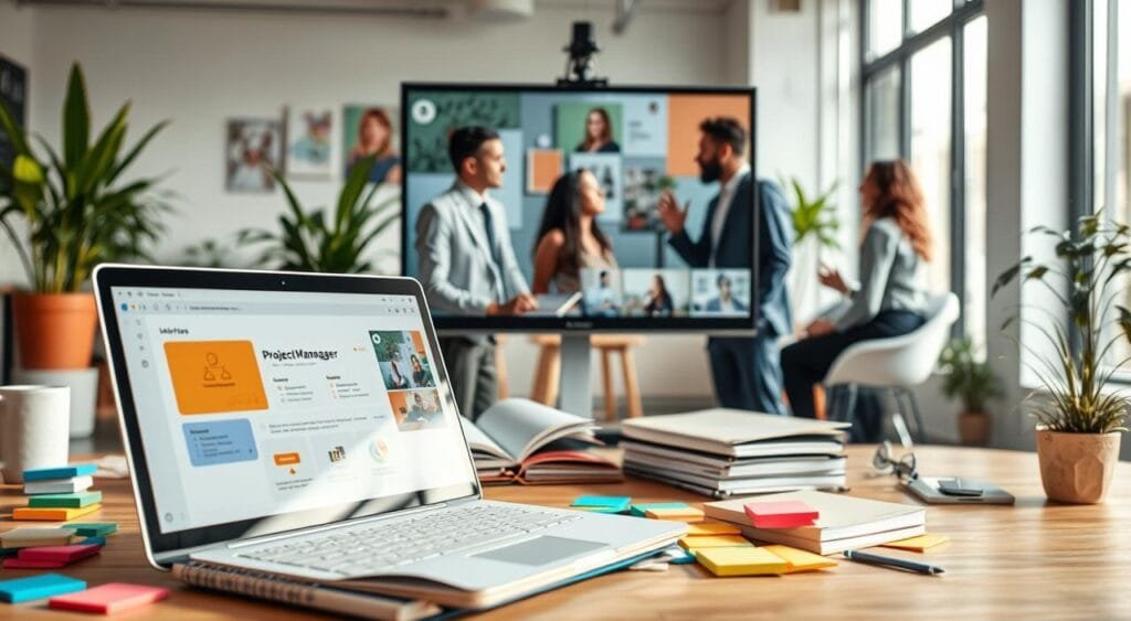 A vibrant and dynamic workspace featuring various productivity apps displayed on multiple screens and devices. In the foreground, a laptop showcasing a project management tool, open notebooks, and colorful sticky notes scattered around. The middle ground has a diverse group of three individuals, dressed in professional business attire, engaged in a collaborative video call on a large monitor, discussing ideas. The background includes a bright, modern office with plants and inspirational wall art, bathed in soft, natural lighting from large windows. The atmosphere is energetic yet focused, capturing a sense of teamwork and creativity essential for freelancers. The image should evoke feelings of collaboration and productivity without any text or distractions.