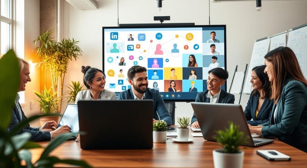 A vibrant and dynamic workspace showcasing freelance networking best practices, designed for the theme of leveraging online networking tools. In the foreground, a diverse group of four professionals dressed in business attire, engaged in a video conference on laptops, sharing ideas and smiling, reflecting collaboration. The middle ground features a large digital screen displaying various online networking platforms and tools, like LinkedIn and Zoom, with colorful graphics illustrating connections. The background showcases a modern office environment with bright, natural lighting pouring in through large windows, plants adding a touch of green, and a whiteboard filled with brainstorming notes. The atmosphere is energetic and motivating, conveying the spirit of professional growth and collaboration. A vibrant and dynamic workspace showcasing freelance networking best practices, designed for the theme of leveraging online networking tools. In the foreground, a diverse group of four professionals dressed in business attire, engaged in a video conference on laptops, sharing ideas and smiling, reflecting collaboration. The middle ground features a large digital screen displaying various online networking platforms and tools, like LinkedIn and Zoom, with colorful graphics illustrating connections. The background showcases a modern office environment with bright, natural lighting pouring in through large windows, plants adding a touch of green, and a whiteboard filled with brainstorming notes. The atmosphere is energetic and motivating, conveying the spirit of professional growth and collaboration.
