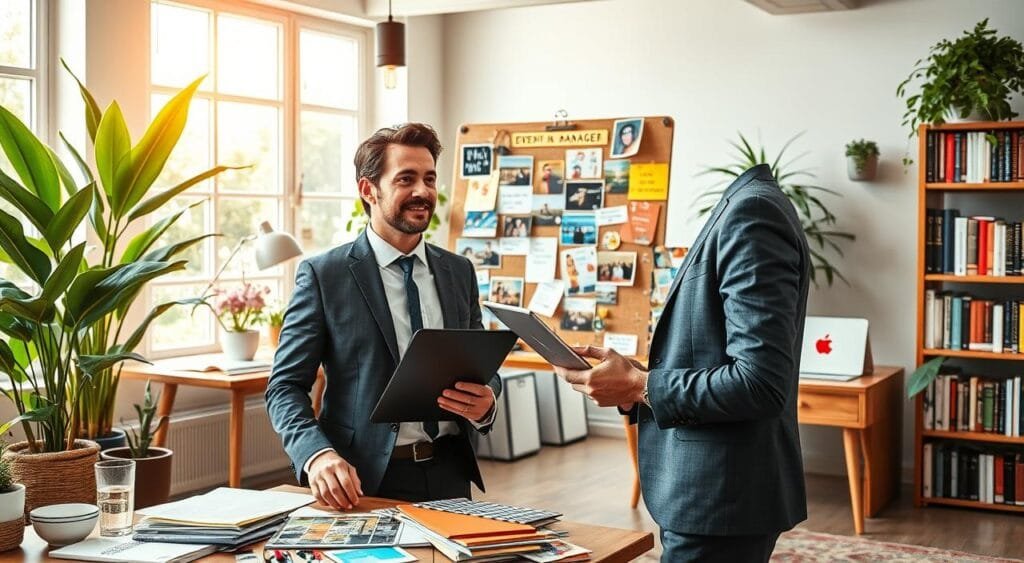 A vibrant and engaging scene depicting a freelance event manager at work in a stylish office environment. In the foreground, a confident individual in professional business attire, holding a laptop, is brainstorming ideas while surrounded by colorful event planning materials, such as brochures and decor samples. The middle ground features a pinboard filled with photos of successful events, testimonials, and creative concepts, illustrating a personal brand. In the background, a lively workspace with plants, natural light streaming through large windows, and a bookshelf filled with industry-related books sets a positive and productive atmosphere. The overall mood is dynamic and inspirational, showcasing professionalism and creativity in event management.