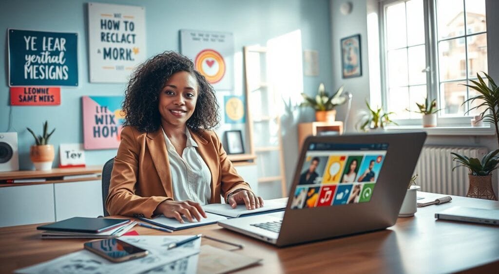 A vibrant and engaging workspace showcasing a freelance graphic designer promoting their work on social media. In the foreground, a confident designer of diverse descent, wearing a stylish professional outfit, is sitting at a desk with a laptop open, displaying colorful design portfolios. The middle ground features a smartphone on the desk, with social media apps visible, and design sketches scattered around, reflecting creativity. In the background, a bright and inspiring wall adorned with art prints and motivational quotes creates an inviting atmosphere. Soft, natural lighting floods the room through a nearby window, casting gentle shadows and highlighting the designer's focused expression. The overall mood is one of productivity and opportunity, emphasizing the connection between graphic design and social media. A vibrant and engaging workspace showcasing a freelance graphic designer promoting their work on social media. In the foreground, a confident designer of diverse descent, wearing a stylish professional outfit, is sitting at a desk with a laptop open, displaying colorful design portfolios. The middle ground features a smartphone on the desk, with social media apps visible, and design sketches scattered around, reflecting creativity. In the background, a bright and inspiring wall adorned with art prints and motivational quotes creates an inviting atmosphere. Soft, natural lighting floods the room through a nearby window, casting gentle shadows and highlighting the designer's focused expression. The overall mood is one of productivity and opportunity, emphasizing the connection between graphic design and social media.