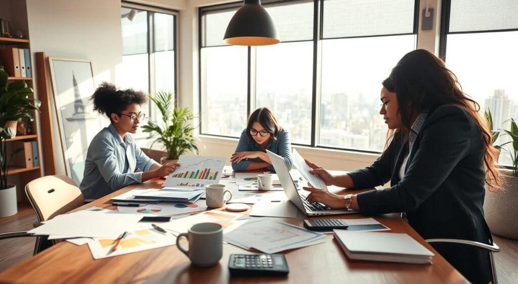 A vibrant and inviting workspace scene where a diverse group of three freelancers engage in financial planning. In the foreground, one freelancer, a woman in professional attire, is analyzing charts on a laptop, surrounded by colorful charts and documents. The middle layer features a large wooden table cluttered with financial tools, calculators, and coffee mugs. In the background, a large window reveals a bright, sunlit cityscape, emphasizing a modern urban environment. Soft, natural lighting streams in, casting gentle shadows, while a warm, focused atmosphere portrays collaboration and growth. The freelancers, dressed in smart casual clothing, exude confidence and creativity, embodying the essence of sustainable business planning.
