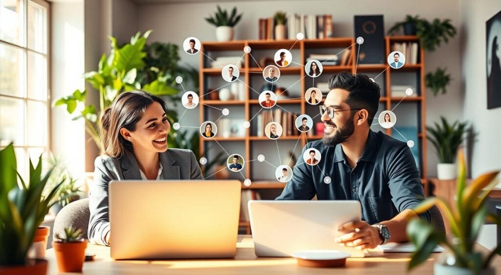 A vibrant digital workspace featuring diverse freelancers collaborating. In the foreground, two professionals—a woman in a sleek blazer and a man in a smart-casual shirt—engaged in a lively video call, sharing ideas on a laptop screen. The middle layer shows a large virtual network interface with connected lines and icons representing various freelancers' profiles. The background features a modern and cozy home office setting, with plants, bookshelves, and soft lighting creating an inviting atmosphere. The scene conveys collaboration and community, with warm hues and natural light streaming in through a window, enhancing the feeling of innovation and connection in the freelance world. A vibrant digital workspace featuring diverse freelancers collaborating. In the foreground, two professionals—a woman in a sleek blazer and a man in a smart-casual shirt—engaged in a lively video call, sharing ideas on a laptop screen. The middle layer shows a large virtual network interface with connected lines and icons representing various freelancers' profiles. The background features a modern and cozy home office setting, with plants, bookshelves, and soft lighting creating an inviting atmosphere. The scene conveys collaboration and community, with warm hues and natural light streaming in through a window, enhancing the feeling of innovation and connection in the freelance world.