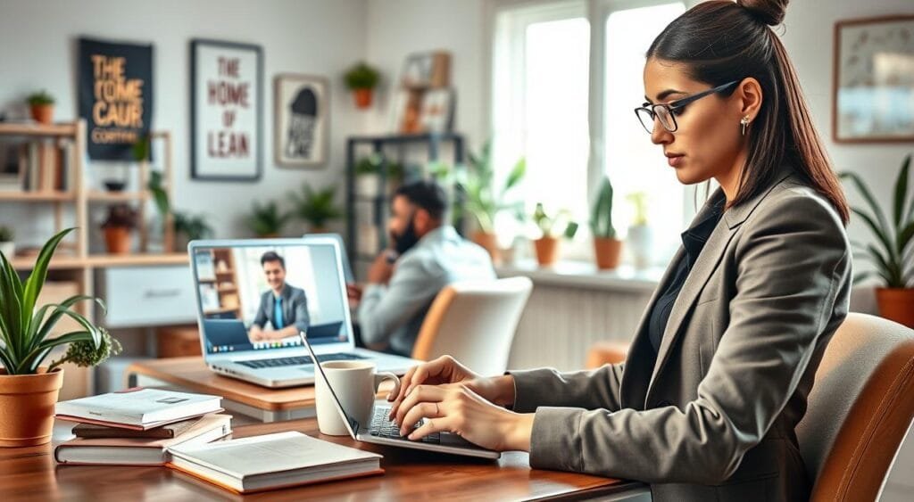 A vibrant home office scene depicting a diverse group of professionals engaged in remote learning. In the foreground, focus on a woman in smart business attire, intently working on her laptop, surrounded by books, a notepad, and a mug of coffee, symbolizing dedication to professional development. In the middle ground, a man in a casual yet professional outfit participates in a video conference on another laptop, showcasing teamwork and collaboration. The background features a well-organized home office with plants and motivational posters, creating an inspiring atmosphere. Soft, natural light filters through a window, casting warm, inviting shadows and enhancing the focus on the subjects. The overall mood is productive and encouraging, emphasizing the importance of continuous learning in a remote work environment.