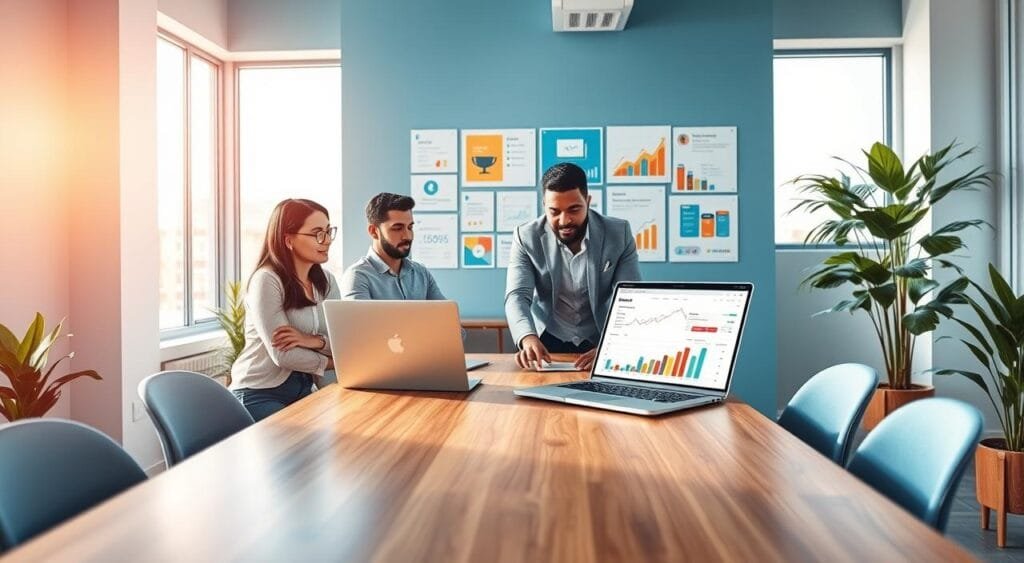A vibrant, modern workspace that embodies the concept of enhancing online presence for freelancers. In the foreground, a diverse group of three professionals in smart casual attire are gathered around a sleek wooden table, intently discussing an open laptop displaying a website analytics dashboard. The middle ground features a wall adorned with colorful graphics, showcasing social media icons and growth metrics. In the background, large windows let in warm, natural light, illuminating the room and creating a productive atmosphere. Soft plants in the corners add a touch of greenery, promoting a calm yet lively mood. The scene is shot with a wide-angle lens to capture the collaborative spirit of innovation and growth, conveying enthusiasm and focus on expanding an online business presence.