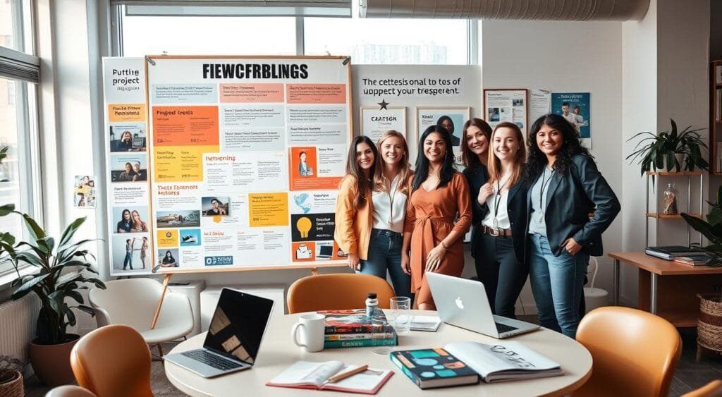 A vibrant workspace filled with positive energy, showcasing a diverse group of freelancers celebrating their achievements. In the foreground, a mixed-gender team of four professionals in smart casual attire stands proudly beside a large bulletin board filled with colorful project highlights, client testimonials, and images representing successful networking events. In the middle ground, a round table is adorned with laptops, coffee cups, and books focused on career growth. The background features a large window with natural light streaming in, creating a warm and inviting atmosphere. The mood is upbeat and collaborative, emphasizing connection and inspiration. The angle is slightly elevated, capturing both the ambiance of the room and the engaging expressions of the freelancers.