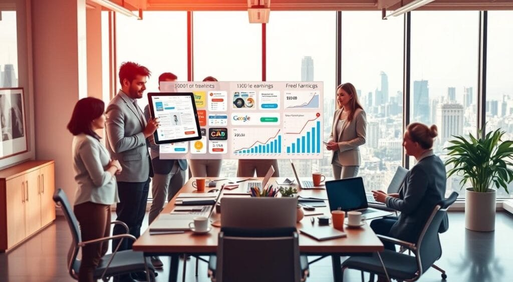 A vibrant workspace showcasing the top online job platforms. In the foreground, a diverse group of professionals in smart casual attire collaboratively reviewing a large digital tablet displaying various freelancing platforms and graphs indicating earnings growth. In the middle, a stylish desk cluttered with laptops, notebooks, and coffee cups, reflecting a productive atmosphere. The background features a large window with natural light flooding in, revealing a city skyline, enhancing the feeling of ambition and opportunity. The color palette is bright and motivating, with warm tones and engaging visuals. The scene communicates a sense of focus, collaboration, and success in the freelancing world.