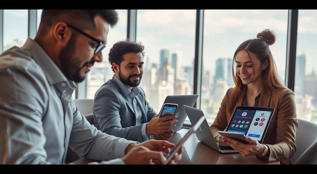 A visually striking representation of freelance payment processors, featuring a diverse group of professionals in a modern office setting. In the foreground, capture a male and female freelancer, both in professional attire, focused on laptops displaying payment apps and digital wallets. In the middle ground, include sleek, futuristic devices like tablets and smartphones showcasing various payment method icons. In the background, a large window reveals a bustling cityscape, symbolizing innovation and growth in the freelance economy. Soft, natural lighting floods the scene, creating a bright and optimistic atmosphere. The camera angle is slightly elevated, providing a comprehensive view of the workspace, emphasizing collaboration and forward-thinking in freelance payments.