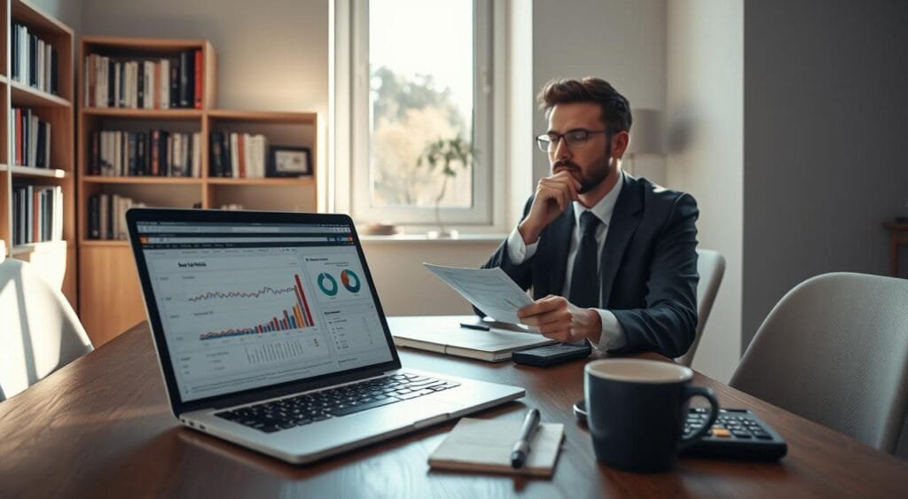 A well-lit, modern workspace serves as the focal point of this image, emphasizing a creative freelancer calculating their rates. In the foreground, a laptop displays spreadsheets filled with numbers and graphs, while a person in professional business attire thoughtfully analyzes the data. A cup of coffee, notepad, and calculator are nearby, adding to the intellectual atmosphere. The middle ground features shelves lined with books on finance and freelancing, subtly reinforcing the theme. In the background, a window lets in soft natural light, casting gentle shadows and giving a warm, inviting feel to the scene. The overall mood is focused and motivational, symbolizing the journey of determining target income for freelancers.