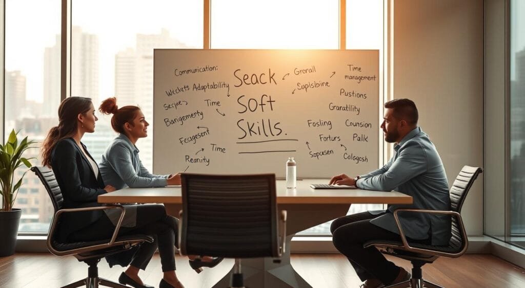 A well-lit office space showcasing essential soft skills for freelancers. In the foreground, a diverse group of three professionals—one woman and two men—are seated around a modern conference table, engaged in collaborative discussion. Each wears smart business attire, exuding professionalism and confidence. The middle layer reveals a whiteboard filled with key soft skills such as "communication," "adaptability," and "time management,” handwritten in a creative style. In the background, a large window lets in warm sunlight, casting a soft glow, and an urban landscape is visible outside, suggesting a vibrant, dynamic work environment. The mood is energetic yet focused, reflecting a positive atmosphere of teamwork and skill development. Use a wide-angle lens to capture the sense of space and openness in the image.