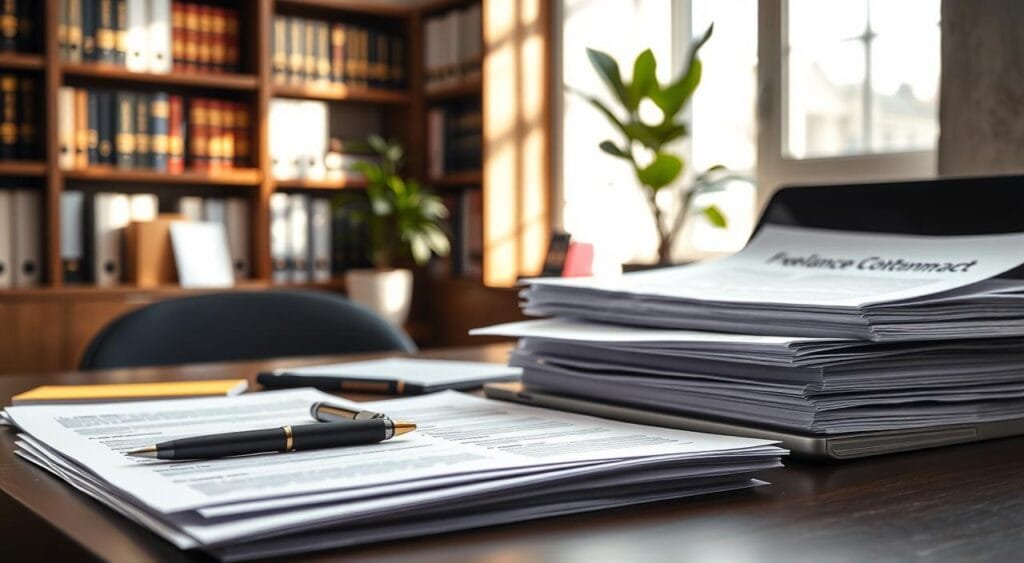 A well-organized office desk scene highlighting freelance contract templates. In the foreground, neatly stacked paper templates featuring clean, professional designs, some partially visible with sections outlining terms and conditions. A modern laptop sits next to a stylish pen and a vibrant notepad, suggesting active engagement. In the middle ground, soft natural light filters through a window, casting gentle shadows and creating a warm atmosphere. The background features bookshelves filled with legal resources and a potted plant for an inviting touch. The overall mood conveys professionalism and diligence, focused on creating effective legal documents. The image should have a soft focus with a slight depth of field to emphasize the contract templates prominently. A well-organized office desk scene highlighting freelance contract templates. In the foreground, neatly stacked paper templates featuring clean, professional designs, some partially visible with sections outlining terms and conditions. A modern laptop sits next to a stylish pen and a vibrant notepad, suggesting active engagement. In the middle ground, soft natural light filters through a window, casting gentle shadows and creating a warm atmosphere. The background features bookshelves filled with legal resources and a potted plant for an inviting touch. The overall mood conveys professionalism and diligence, focused on creating effective legal documents. The image should have a soft focus with a slight depth of field to emphasize the contract templates prominently.