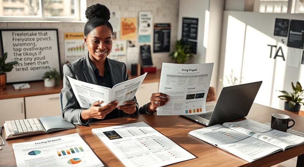 A well-organized workspace featuring a modern desk with open freelance project proposals spread out, showcasing visually appealing pricing strategy layouts. In the foreground, a confident, diverse professional (in business attire) is holding a proposal and reviewing it with a focused expression. In the middle, the proposals include infographics, charts, and tables highlighting various pricing strategies, with a stylish laptop and coffee cup adding to the scene. In the background, a wall adorned with motivational quotes and a vision board reflects an inspiring work environment. The lighting is bright and natural, streaming in from a large window, casting soft shadows that create an energizing, professional atmosphere, inviting freelancers to harness their creativity for successful proposals. A well-organized workspace featuring a modern desk with open freelance project proposals spread out, showcasing visually appealing pricing strategy layouts. In the foreground, a confident, diverse professional (in business attire) is holding a proposal and reviewing it with a focused expression. In the middle, the proposals include infographics, charts, and tables highlighting various pricing strategies, with a stylish laptop and coffee cup adding to the scene. In the background, a wall adorned with motivational quotes and a vision board reflects an inspiring work environment. The lighting is bright and natural, streaming in from a large window, casting soft shadows that create an energizing, professional atmosphere, inviting freelancers to harness their creativity for successful proposals.