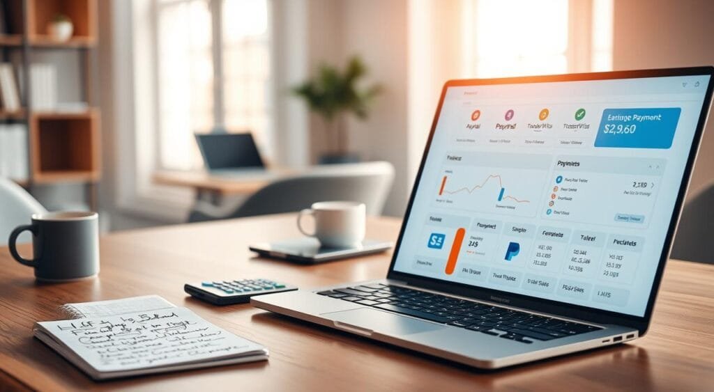 A well-organized workspace illustrating the best payment options for freelancers. In the foreground, a sleek laptop open to a financial dashboard, displaying icons for various payment methods like PayPal, TransferWise, and Stripe. To the left, a notepad with hand-written notes on freelancer payment preferences. In the middle, a modern desk with a desktop calculator and a coffee cup, subtly suggesting productivity and focus. The background features a softly blurred window with natural light streaming in, creating a calm and professional atmosphere. The lighting is warm, enhancing the inviting feel of the workspace. The scene conveys a sense of clarity and decision-making, ideal for evaluating client preferences in payment methods.