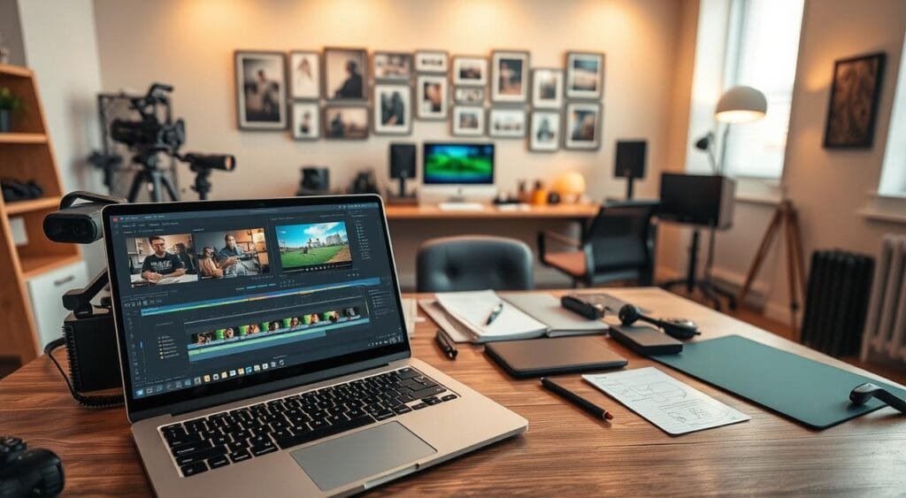 A well-organized workspace showcasing essential tools and software for video editing. In the foreground, a sleek laptop displays an open video editing software interface, with colorful timelines and editing options visible. Nearby, an array of professional gear like a high-quality camera, a microphone, and a green screen can be seen. In the middle, a comfortable office chair sits beside a desk littered with notepads and a digital drawing tablet. The background features a modern wall with framed images of video projects, and warm, ambient lighting casts a soft glow across the scene. Use a wide angle to emphasize depth and create an inviting atmosphere that conveys creativity and professionalism, ideal for a freelance video editor's workspace. A well-organized workspace showcasing essential tools and software for video editing. In the foreground, a sleek laptop displays an open video editing software interface, with colorful timelines and editing options visible. Nearby, an array of professional gear like a high-quality camera, a microphone, and a green screen can be seen. In the middle, a comfortable office chair sits beside a desk littered with notepads and a digital drawing tablet. The background features a modern wall with framed images of video projects, and warm, ambient lighting casts a soft glow across the scene. Use a wide angle to emphasize depth and create an inviting atmosphere that conveys creativity and professionalism, ideal for a freelance video editor's workspace.